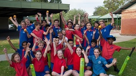 Group shot of students with hands in the air